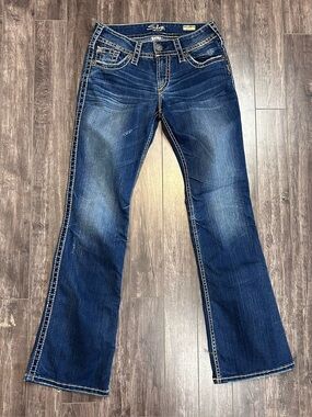 Silver Jeans Suki Surplus Bootcut Jeans Dark Wash Thick Stitch W27